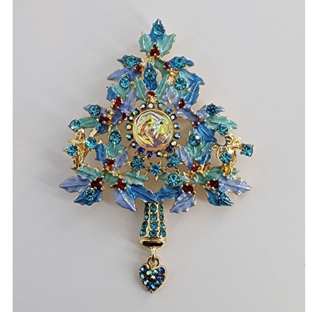 Gorgeous Blue Christmas Tree Brooch Faux Jewel Rhinestone Enamel Heart Dangle